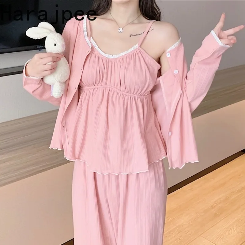 Women Pajamas Three Piece Set Chest Pads Chic Sleepwear Sweet Nightgown Camisole Cardigan Trousers Spring Summer Suit
