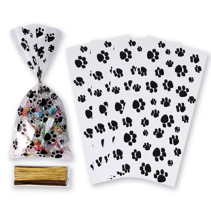 

NEW2023 Gift wrapping bag opp transparent printed baking cookie flat pocket puppy paw print pattern disposable party candy wrapp