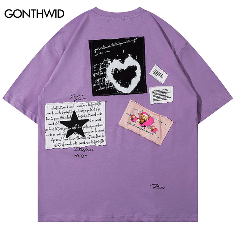 

Футболка мужская оверсайз в стиле хип-хоп, уличная одежда с нашивками и надписью, Повседневная Свободная рубашка в стиле Харадзюку, топ с ко...