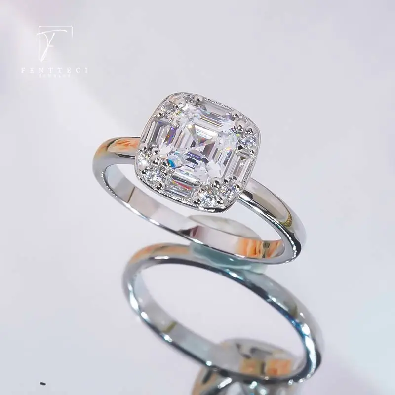FENTTECI S925 Sterling Silver Platinum Plated Square Moissanite Ring Luxury Jewelry For Women Wedding Engagement Party Gift