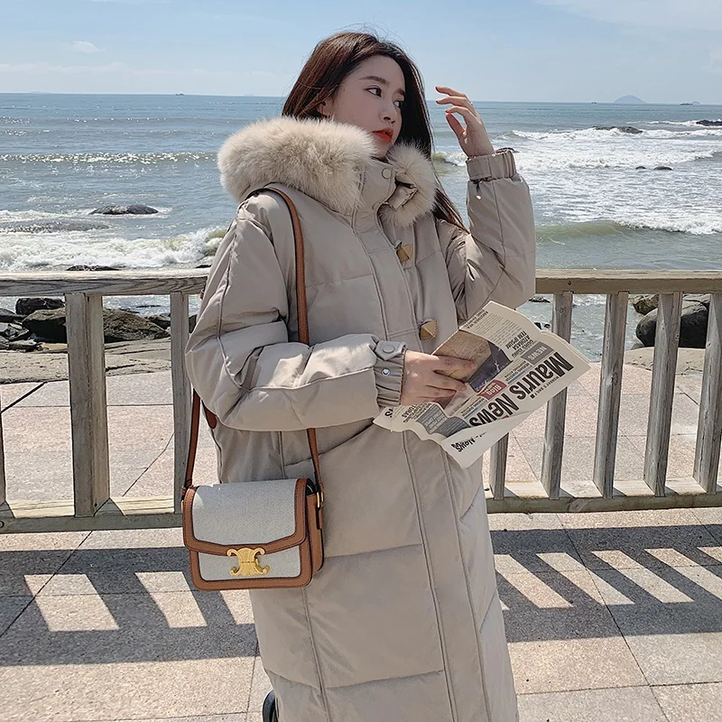 Office Lady Warm Elegant Coats Trench Fashion Thick Jacket Women Solid Casual Big Fur Collar Hooded Long Loose Thickened Jackets