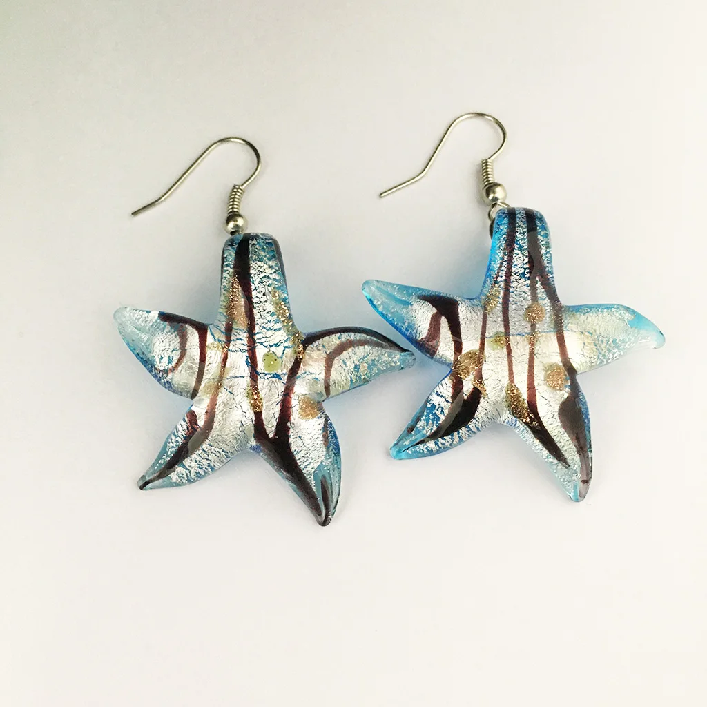 

6 Pairs Chinese Style Glass Murano Retro Handmade Personality Pendants Female Blue Carved Starfish Glass Pendant Earring