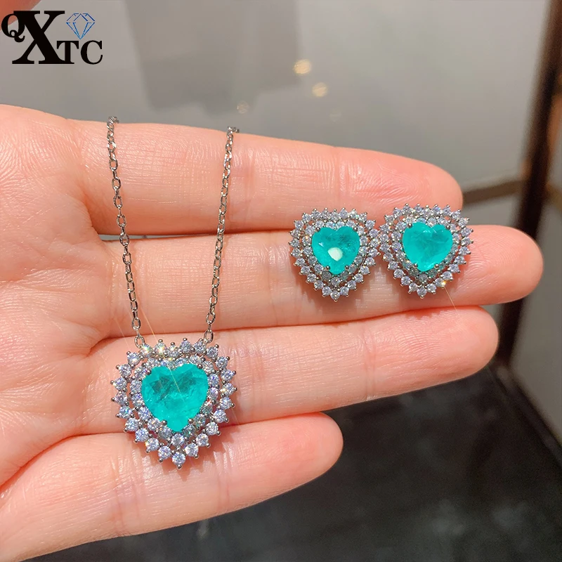 

QXTC Heart-Shaped Paraiba Tourmaline Ocean Star Pendant Necklace Stud Earrings Lab Diamond Women's Jewelry Sets Gifts