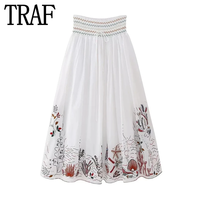 

TRAF Embroidered Long Skirt Women Boho White Skirt Women Mid-Waist Elegant Skirts For Women Fashion 2023 Summer Beach Skirt