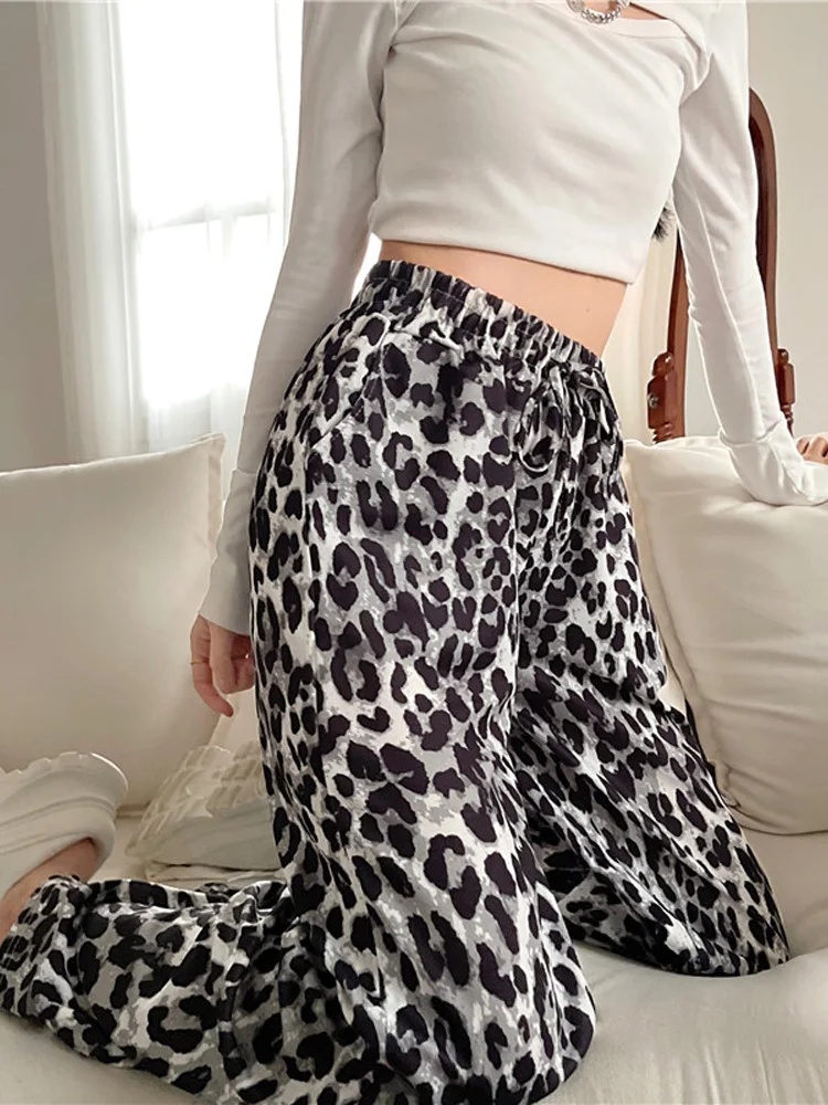 

Retro High wasit wide leg Pants Joggers Women Sweatpants Baggy Harajuku Leopard print Black Trousers Korean Style Sports Pants