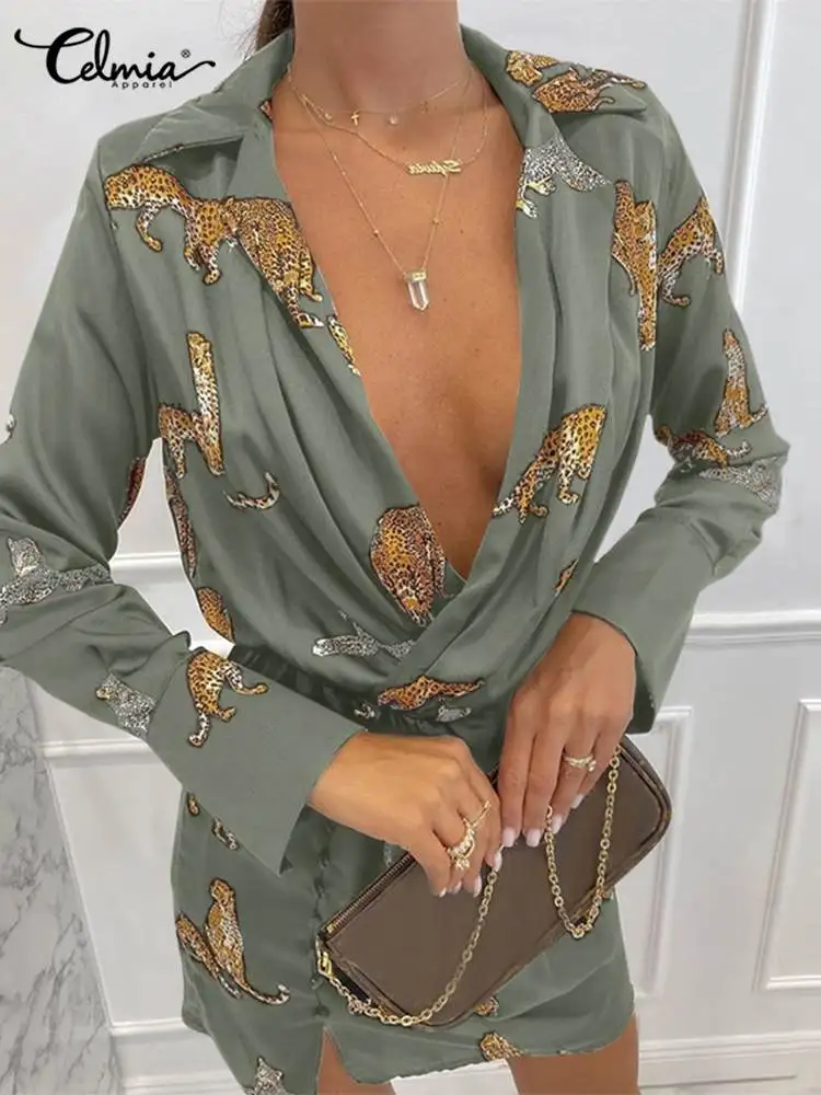 

Celmia Animals Printing 2022 Fashion Short Vestido Waisted Elegant Hem Slit Women Mini Dress Long Sleeve Sexy V Neck Shirt Dress