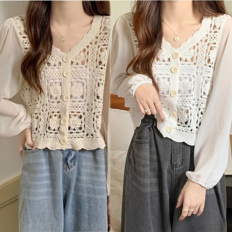 

Korean Style Women Chiffon Puff Long Sleeve Cardigan Hollow Out Crochet Knit Floral V-Neck Button Jacket Sun Protection Lace