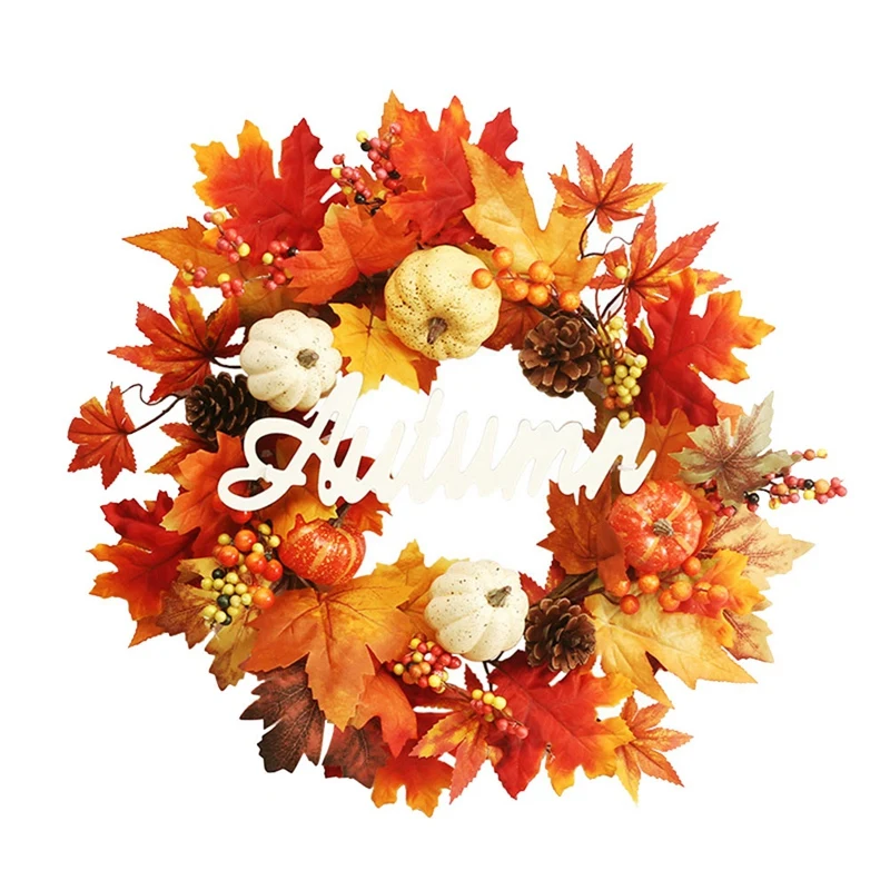 

Искусственный венок с ягодами тыквы, кленовый лист для осени, Хэллоуина, Дня благодарения, дверь, украшение для дома, 19 дюймов