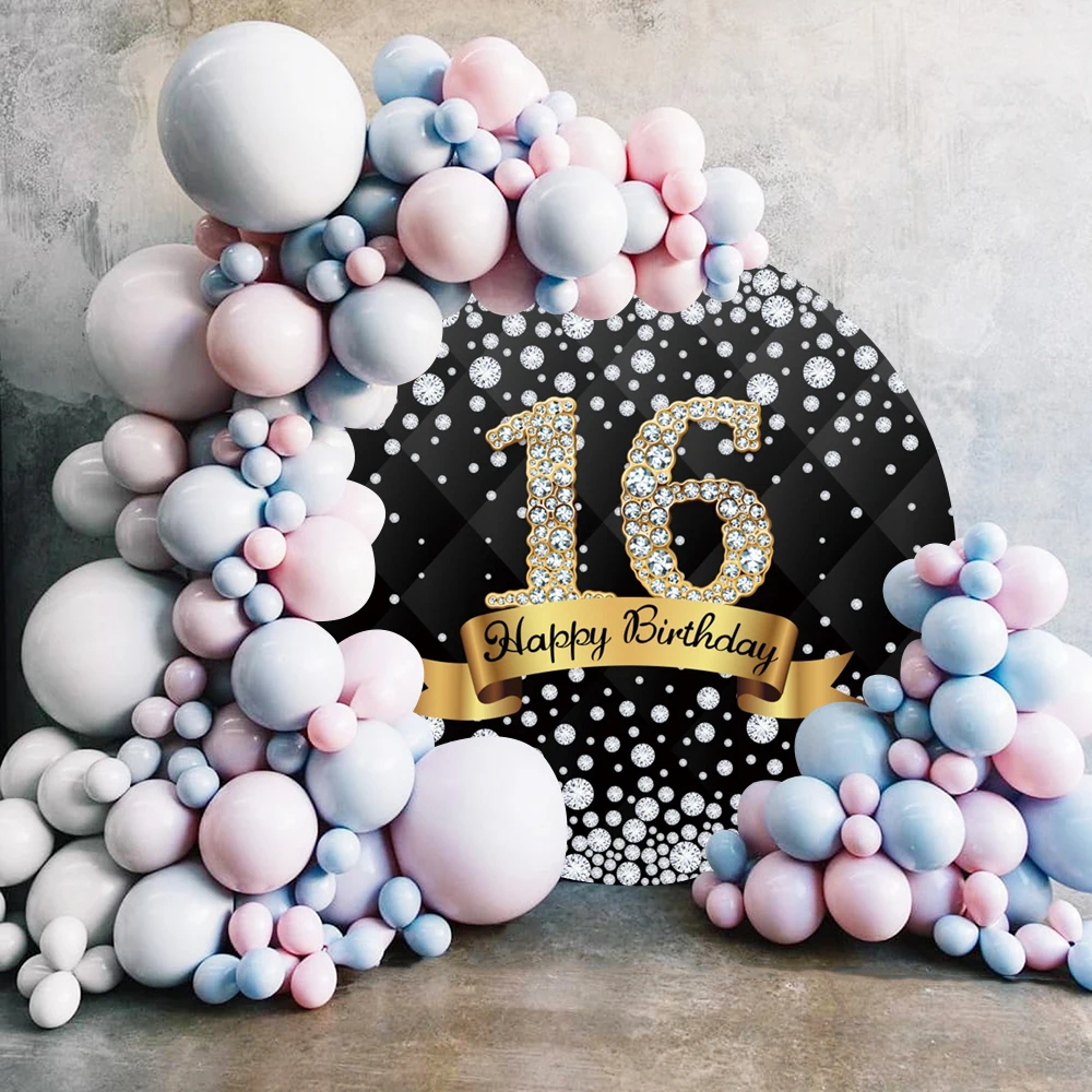 

Happy 16th Birthday Black Round Photography Background Silver Diamonds Headboard Texture Family Party Portrait Custom Backdrop