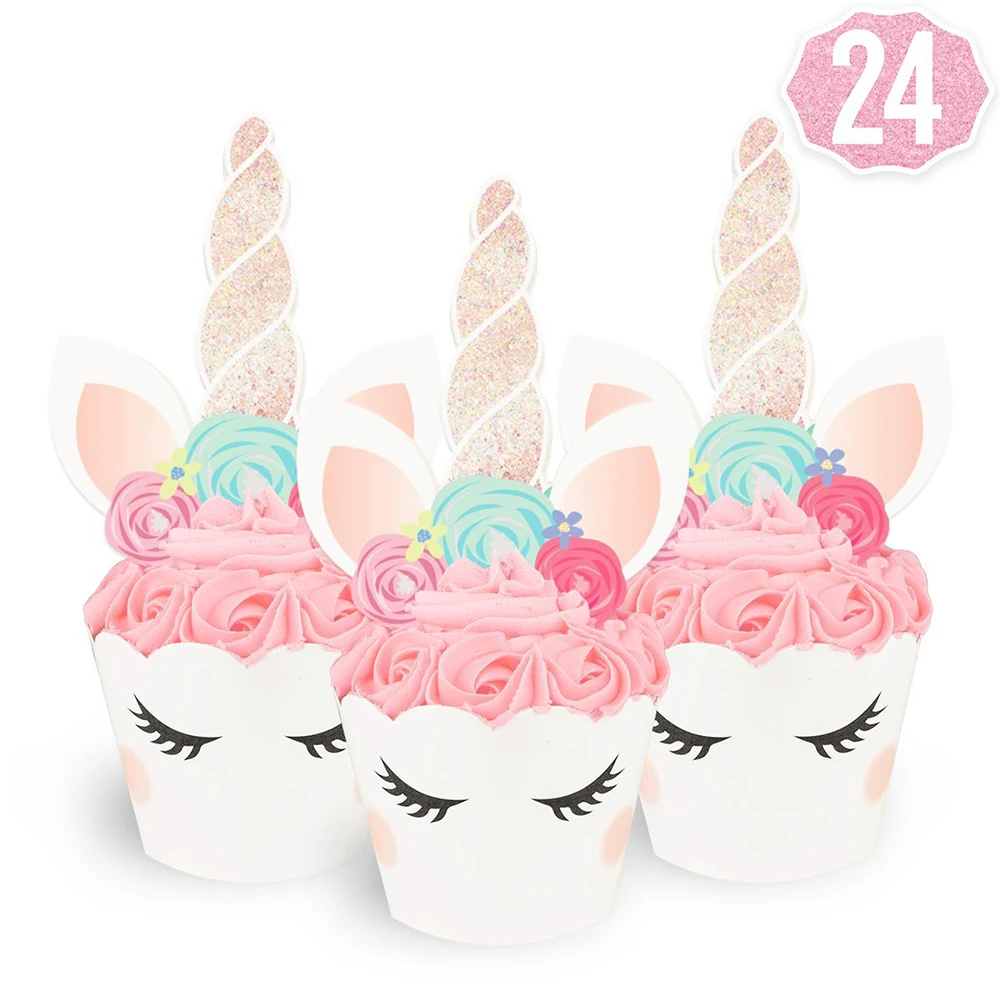 

24Sets Cartoon Unicorn Birthday Party Cake Wrappers Edge DIY Cake Toppers Baby Shower Party Cupcake Paper Cups Decor Supplies