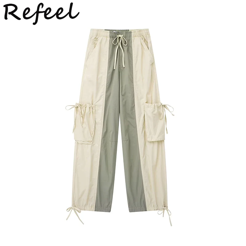 

Refeel Women Cargo Pants Straight Overalls Easy-Fit Solid Zipper Fly Trousers Nylon Patchwork Loose Wide Leg Sashes