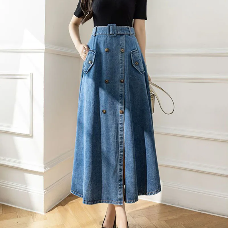 

Юбка женская трапециевидная с завышенной талией, модная двубортная джинсовая юбка средней длины в Корейском стиле, лето 2023