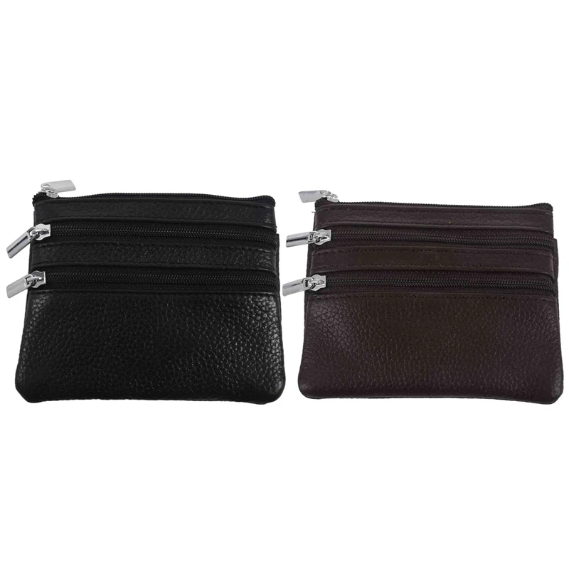

2Pcs Leather Change Coin Purse With 4 Pockets And Keychain For Women - Coffee & Black