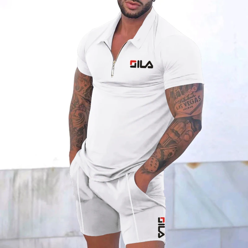 New Men's Trackwear Set Summer Short Sleeve Thin Polo Shirt + Sport Shorts 2 Pieces Men's Solid Set Casual Jogging Sportswear