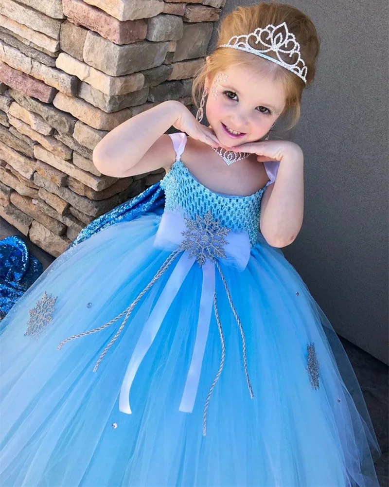 

Girls White Snowflake Elsa Princess Dress Kids Blue Tulle Tutu Dress Ball Gown with Crown Children Party Costume Cosplay Dresses