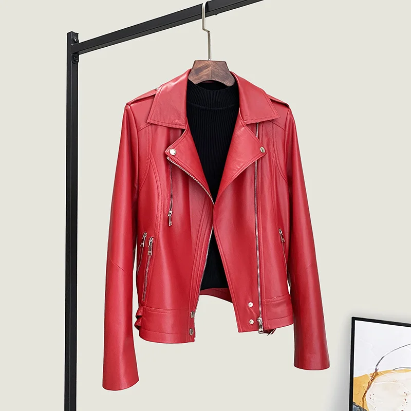 Jacket Autunm Leather 2023 Genuine Women 100% Real Sheepskin Coat Female Biker Red Coats and Jackets Chaquetas De Mujer FCY1891