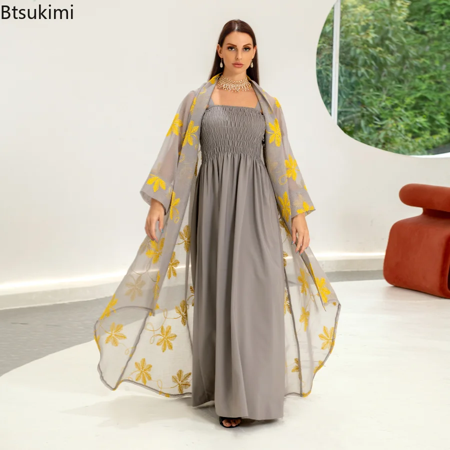 2023 Women Abaya Embroidery Chic and Elegant Woman Dress Mesh Cardigan Belted Kaftan and Solid Gray Camisole Dress Muslim Sets