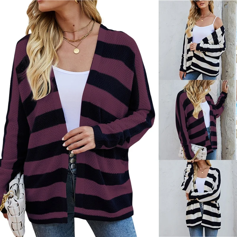 

Autumn And Winter Bat Sleeve Knitted Jacket Loose Striped Cardigan Women Long Sleeve Tops