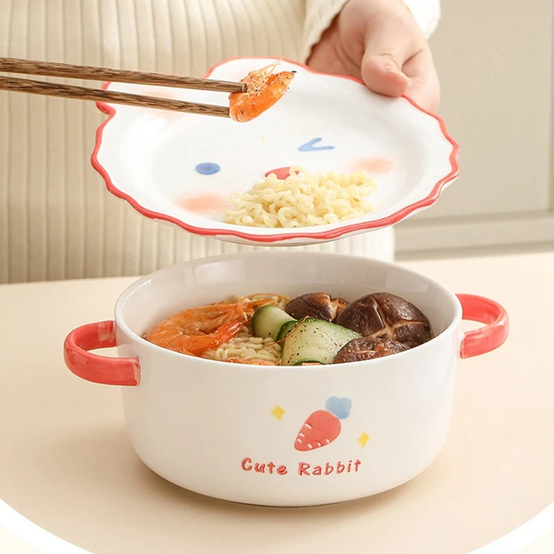 

Household Noodle Bowl Ceramic Soup Bowl With Handle Salad Pasta Bowl Kitchen Tableware Microwave Oven Bakeware