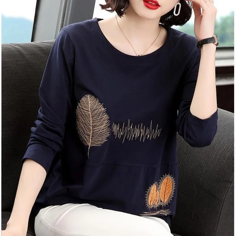 

Pure cotton long-sleeved t-shirt women's loose top spring autumn clothes outer wear middle-aged and elderly bottoming shirt