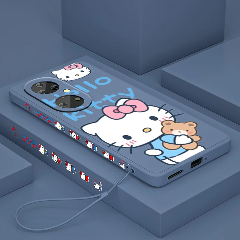 

Cool Anime HelloKitty For Huawei P50 P40 P30 P20 P Smart Z Pro Plus 2019 2021 Liquid Left Rope Silicone Phone Case Coque Cover