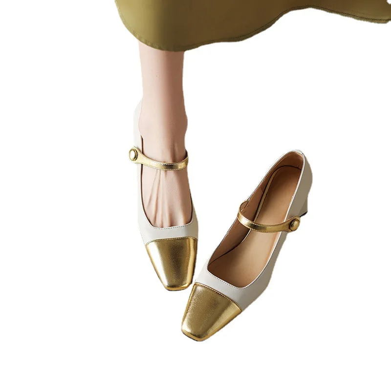 LeShion Of High Quality Real Leather Women Designer Mix-color Pumps Thick High Heels Mary Janes Shoes Ladies 2023 Spring