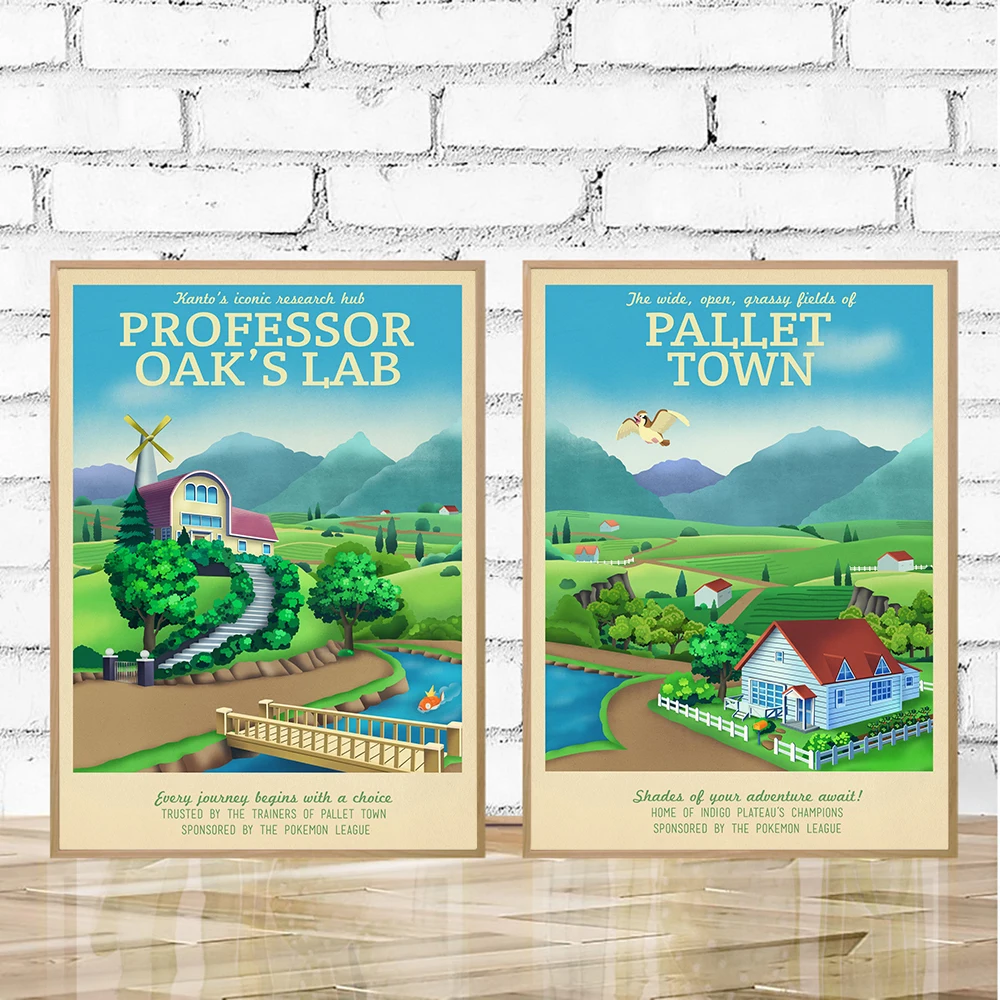 

Retro Travel Landscape Poster Vintage Kanto Anime Geek Gamer Canvas Painting Modern Wall Pictures for Living Room Home Decor