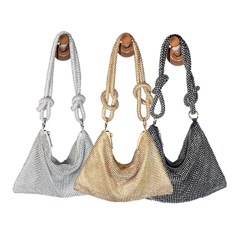 

Handle Rhinestones Zipper Bag Shiny Dinner Party Purses Handbag Luxury Designer Shoulder Bags