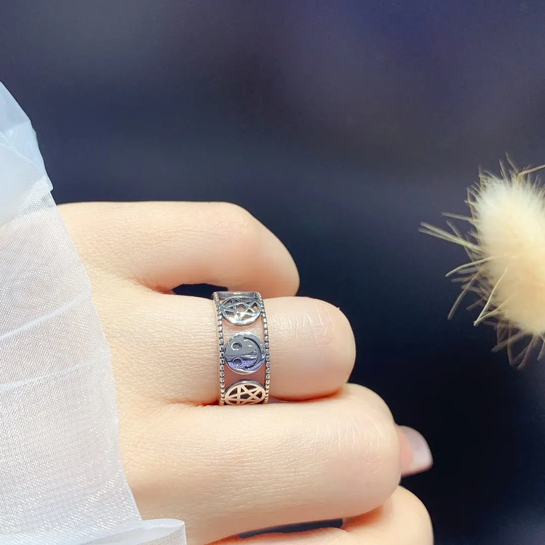 

925 Sterling Silver Smiling Face Ring Women's Silver Plated Thai Silver Vintage Wide Edge Ring