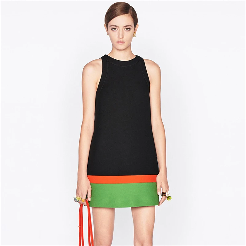 

2022 summer new cotton round neck sleeveless color matching dress big-name women's high-quality commuter black A-line skirt XL