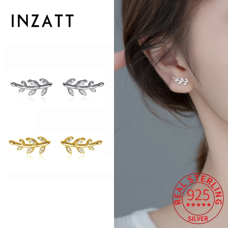 

INZATT Real 925 Sterling Silver Zircon Plate Leaves Stud 18K Gold Earrings For Women Classic Fine Jewelry Minimalist Accessories