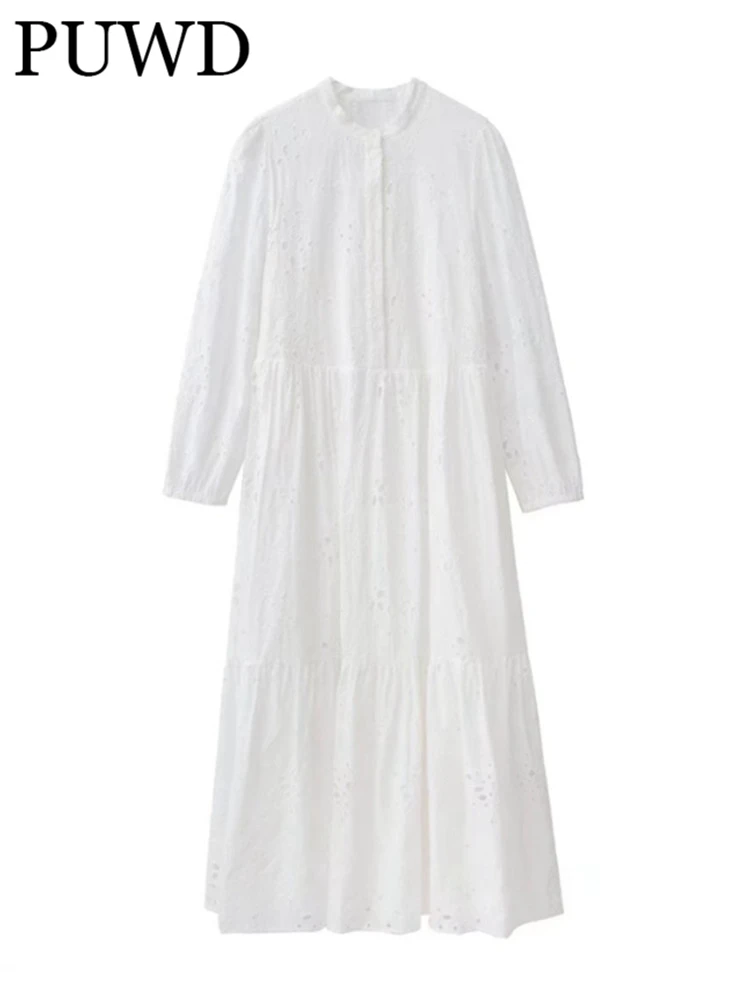 

PUWD Women Embroidered Cutout O Neck Dress 2022 Spring Fashion Ladies Chinese Style Sweet Dress Female Long Sleeve Dress