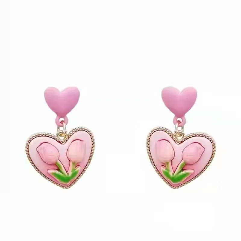 

PTQASP Pink Tulip Flower Heart Earrings Exquisite Vintage Spring Dangle Earrings for Women Korean Ear Ring Aesthetic Jewelry