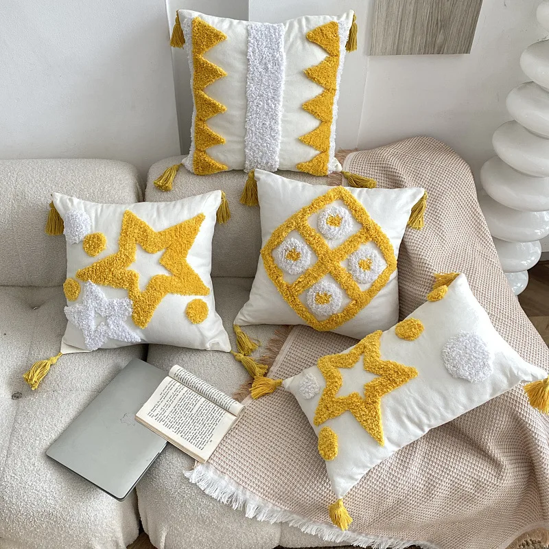 

Tassel Cushion Cover Cotton Linen Pillowcase Tufted Beige Yellow Decorative Fashion Throw Pillow Cushion for Sofa Bed Home Decor