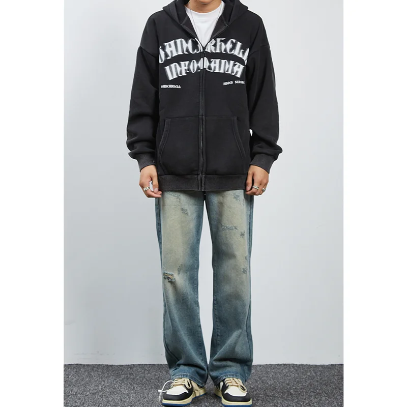 Streetwear Men 2022 New Pattern Hole Patch Jeans Loose Recreational Straight Cylinder Blue Temperament Trousers Female Autumn