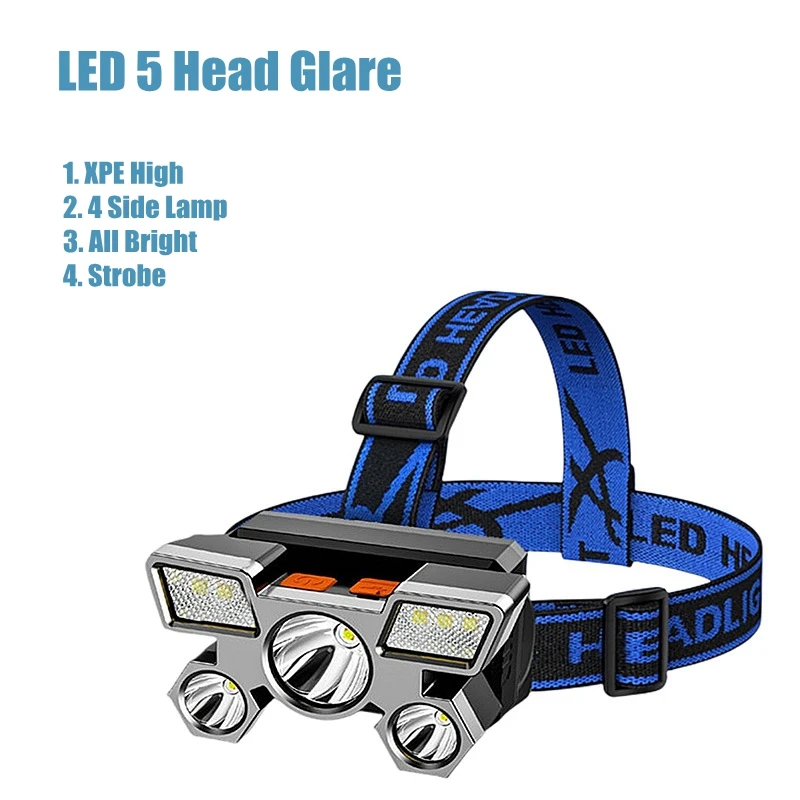 

Led 5-Head Headlight Strong Light Headlamp Super Bright Rechargeable Fishing Lamp Long-Range Head-Mounted Mine Lamp Flashlight