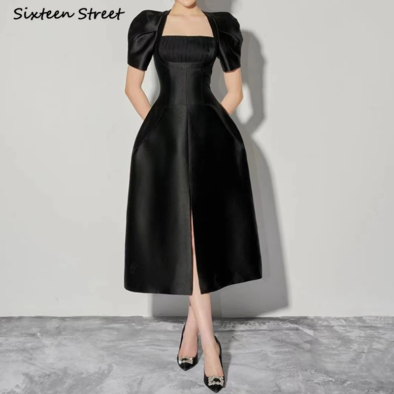 

Black Vintage Dress for Women 2023 Summer Square Neck Puff Sleeve Bodycon Dress Women Puff Sleeve Elegant Clothing