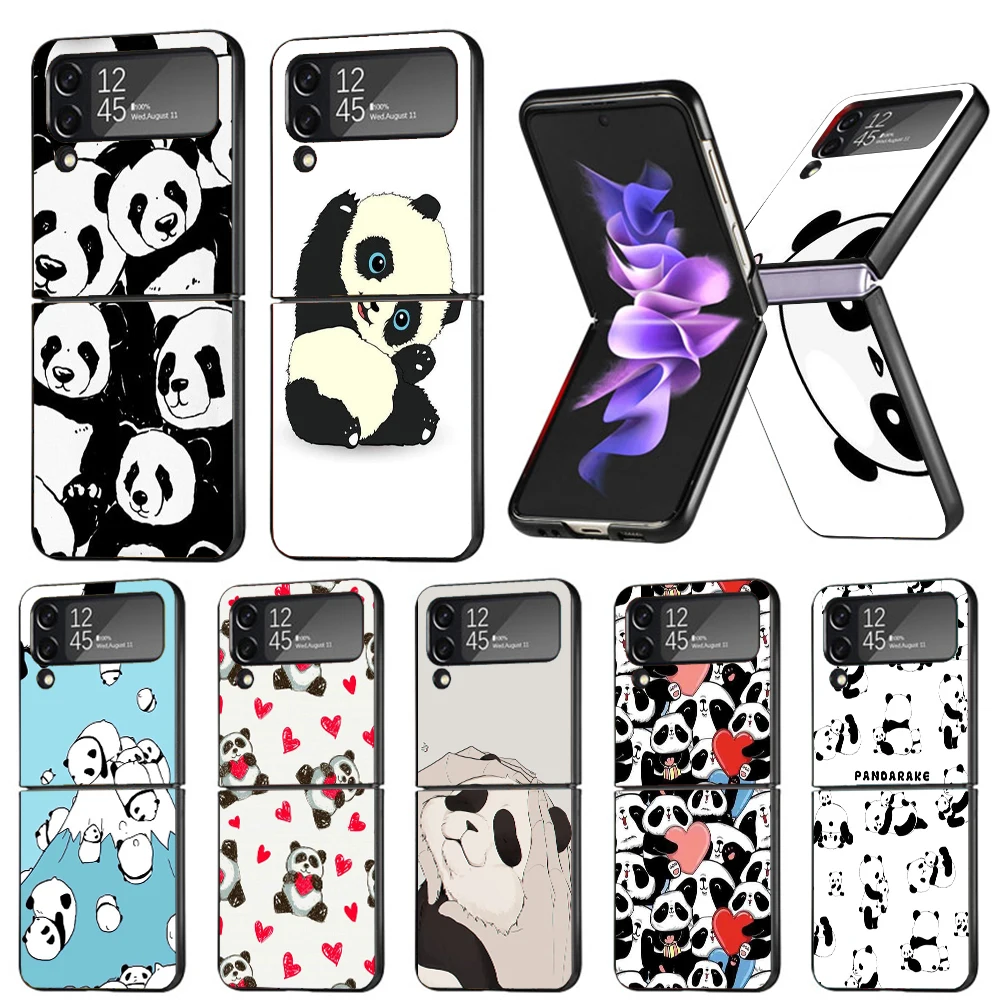 

Cartoon Cute Panda Bear Hard Black Cover for Samsung Galaxy Z Flip 4 3 5G Phone Case Flip4 Flip3 Pattern Luxury Shockproof Capa