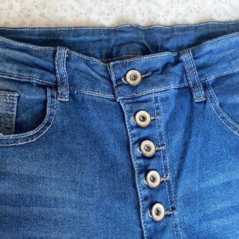 2023 Spring Elegant High Waist Elastic Harem Pants Women Women's Ripped Destroyed Flare Mid Rise Button Bell Bottom Denim Jeans