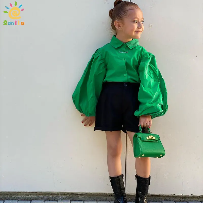 

Spring Fashion Young Children Girls Clothes Sets 2pcs Green Long Sleeve Blouses+Black Shorts Clothing Outfits for Baby Kids