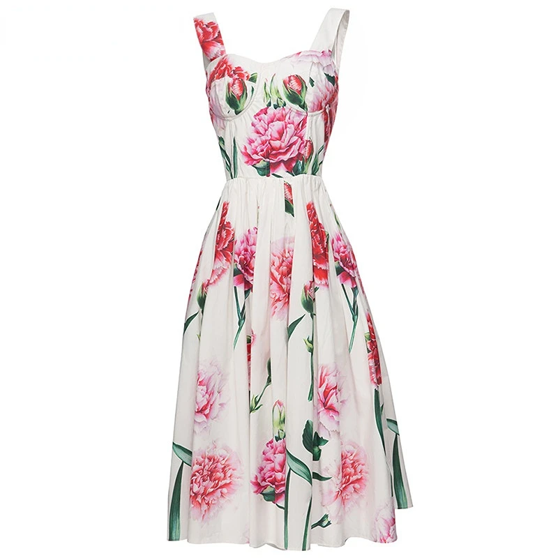 

Dresses For Women 2023 Runway Luxury Designer High Quality Summer Spaghetti Strap Rose Floral Printed Casual Cotton Dress
