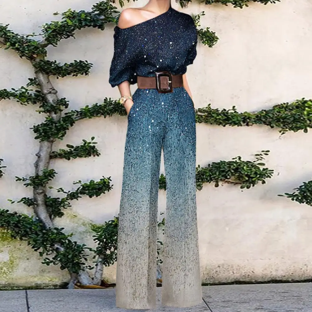 

Stretchy Wide Leg Colorful Feather Printing Elegant Jumpsuit for Daily Wear