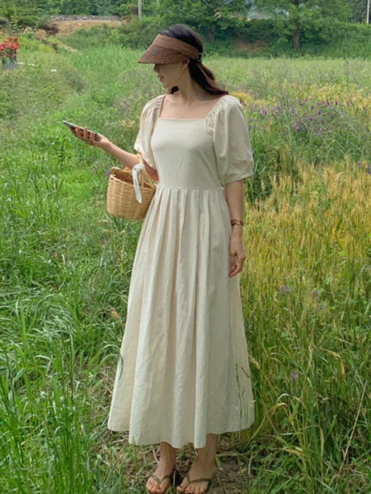 

Square Collar Solid Color Midi Dress Women Puff Short Lace-up A-line Loose Slim Fit Summer Female Clothing B395