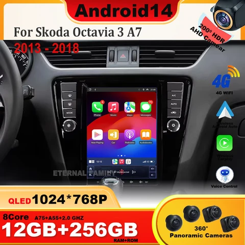 9,7-дюймовый для Skoda Octavia 3 A7 2013-2018 Android 14, автомобильный радиоприемник, мультимедийный видеоплеер, навигация, головное устройство в стиле Tesla