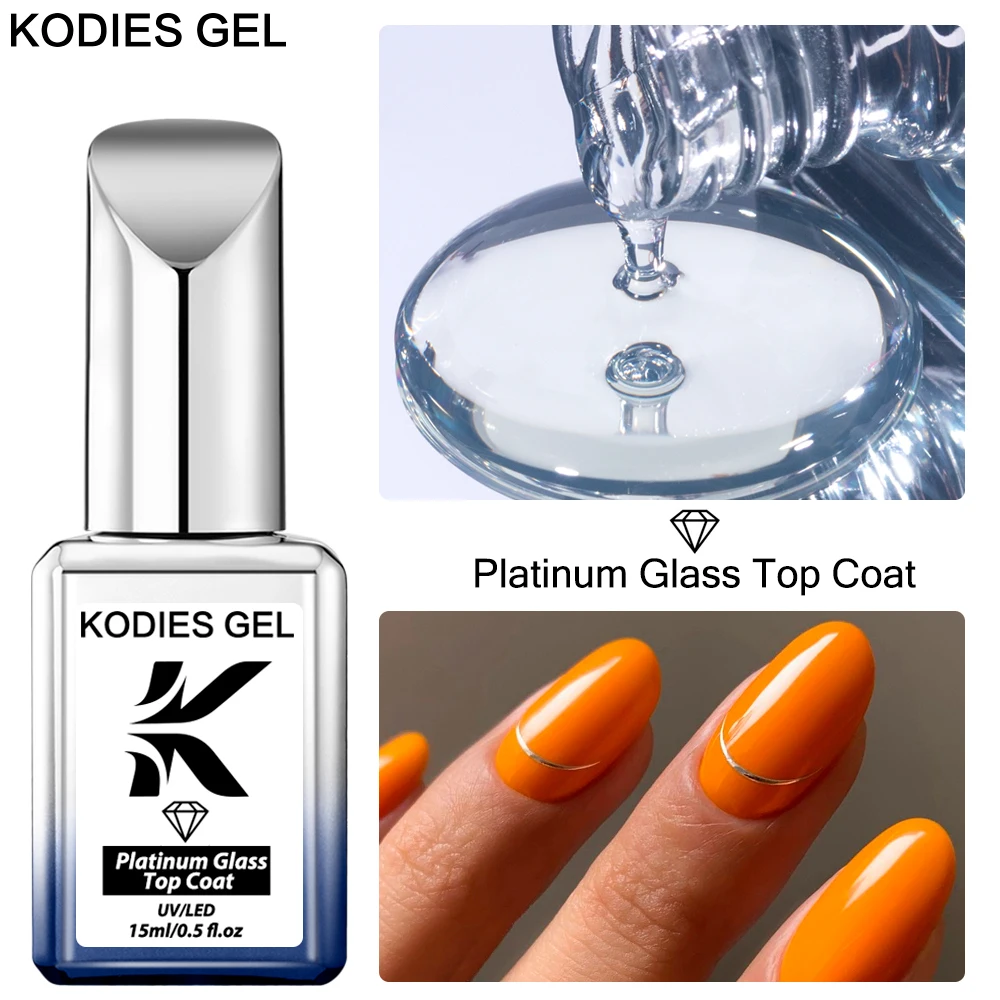 KODIES GEL Platinum Glass Top Coat No Wipe UV Gel Nail Polish Semi Permanent Long Wear Clear Super Shiny Hard Finish Top Gellak