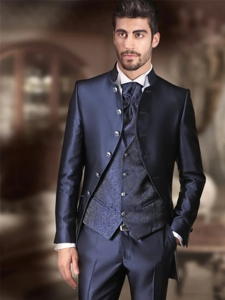 Handsome Groomsmen Satin Groom Tuxedos Mens Wedding Dress Man Blazer Prom Dinner (Jacket+Pants+Tie+Vest) A61