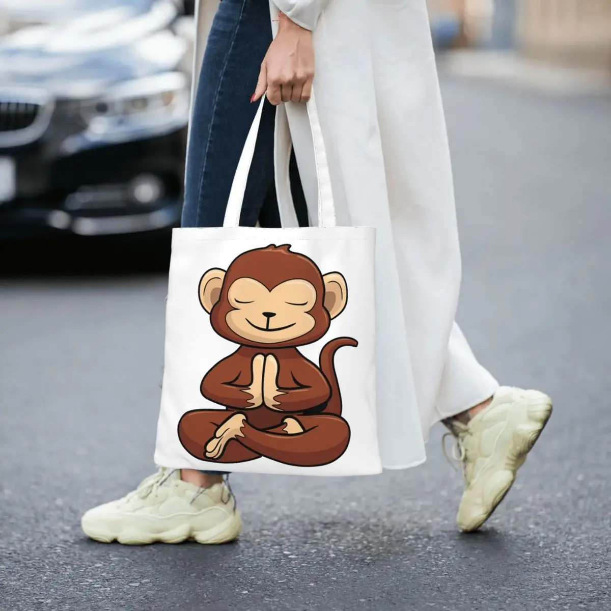 Monkey In Yoga Women Canvas Handbag Large Capacity Shopper Bag Cute Cartoon Tote Bag withSmall Shoulder Bag