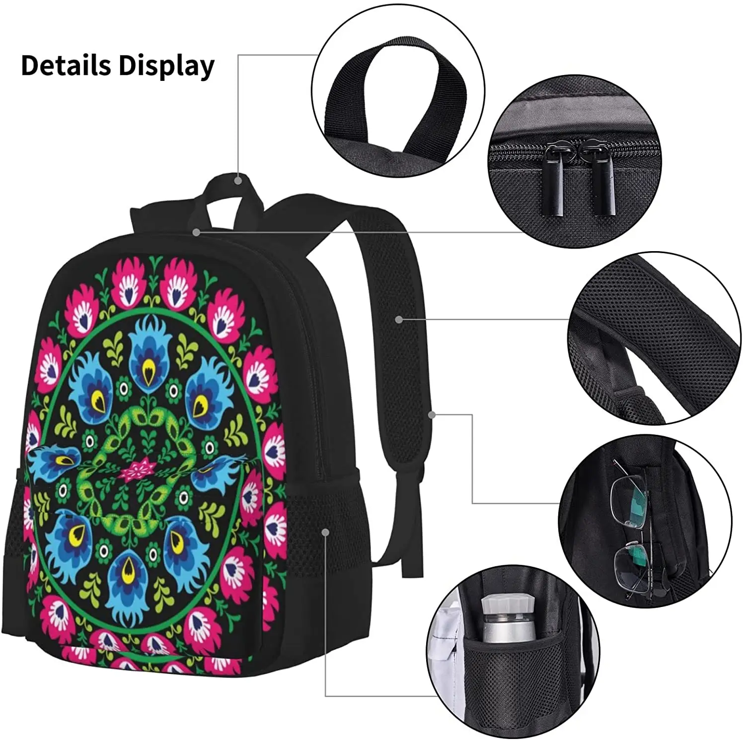 Polish Traditional Circle Folk Art Schoolbag Travel Bag Casual Daypack Lunch Bag Pencil Case for Boys Teens Girls 3pcs Sets