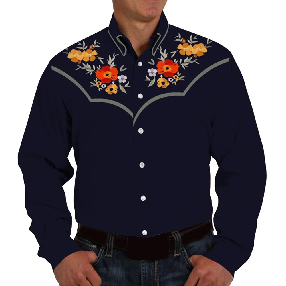 Fashion Men Western Printed Long Sleeve Shirts Spring Casual Loose Slim Button Down Dress Shirt Vintage Mens Tops