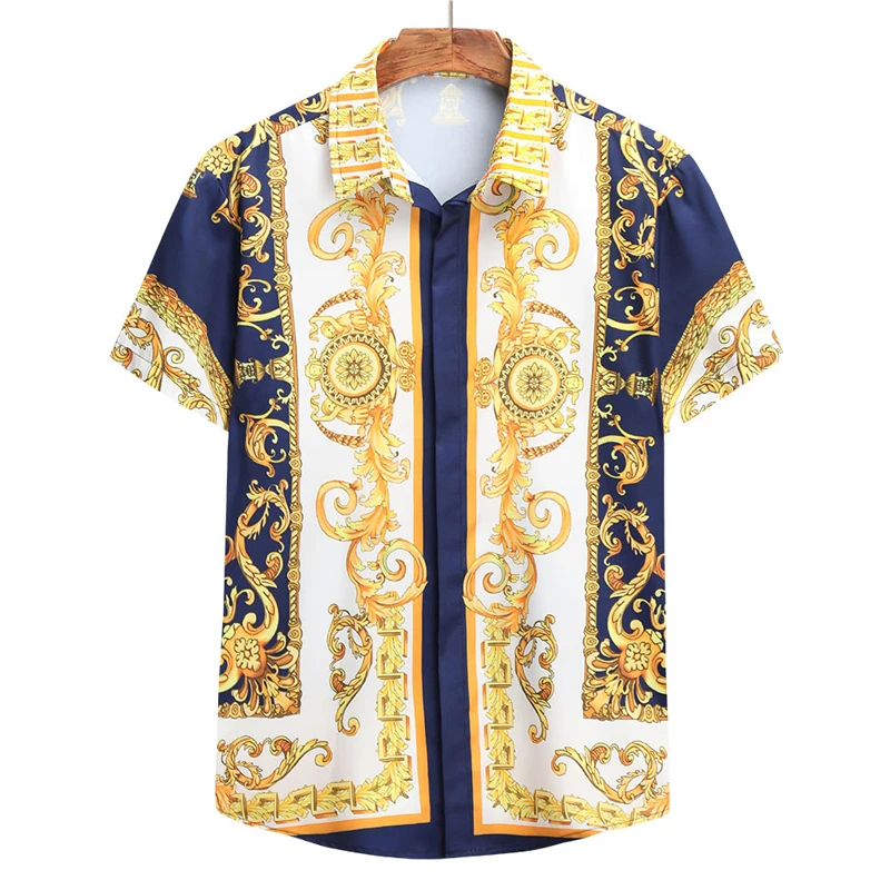 2022 new men's hawaiian short sleeve custom logo luxury golden male print summer beach casual ver style clothing shirts